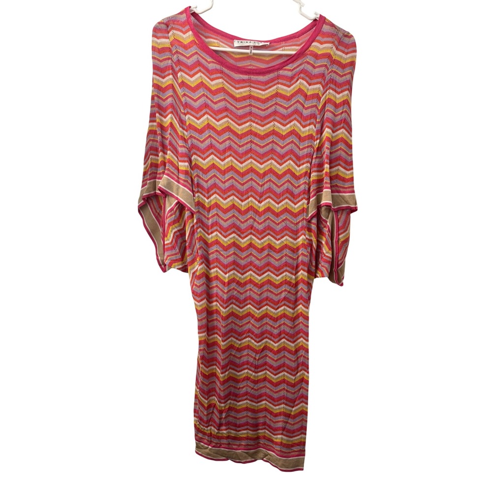 Trina Turk Pink Chevron Zig Zag Viscose Knit Dolman Cover-Up Tunic Dress S